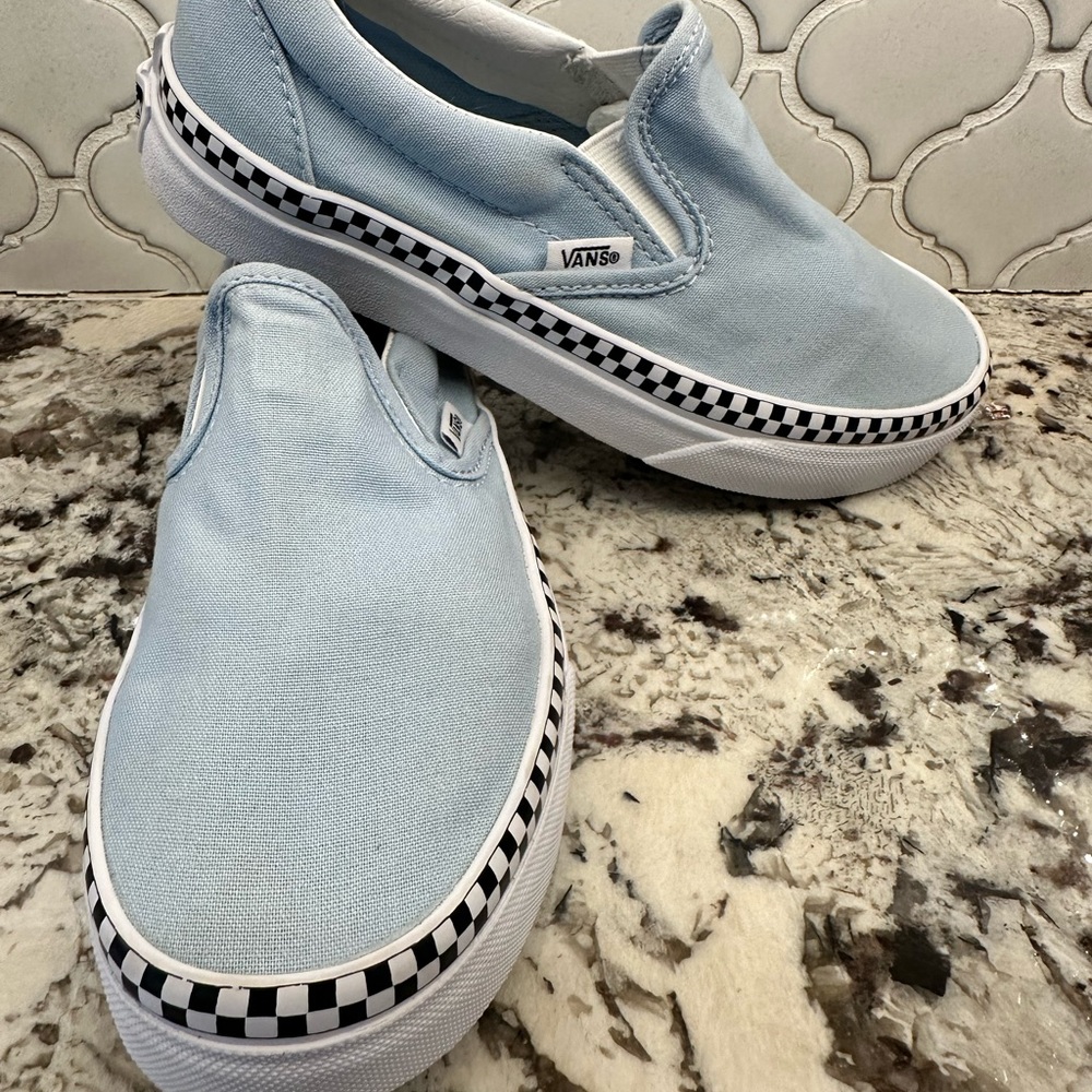 Vans Blue Slip-On Sneakers with Checkered Trim